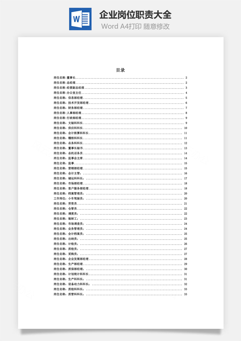 职能企业岗位职责大全Word模板
