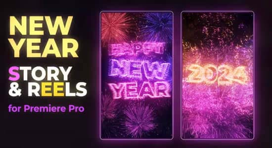 PR模板-烟花粒子爆炸2024新年快乐竖屏动画小片头 New Year Story