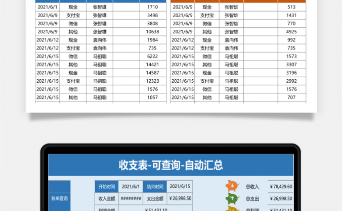 收支表可查询自动汇总