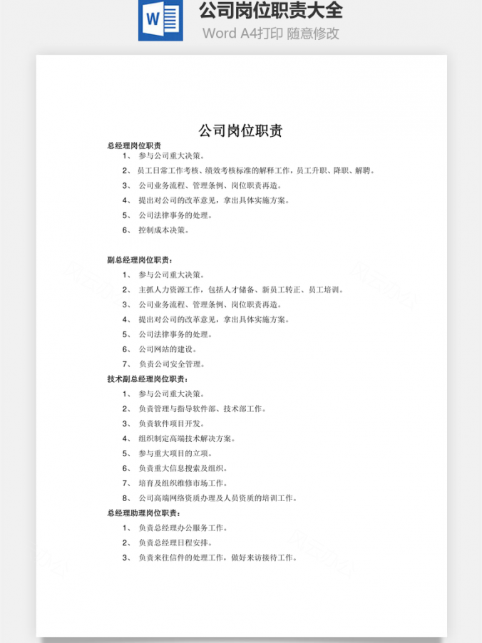 公司岗位职责大全Word模板